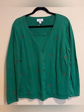 Quacker Factory Vintage 80s Pine Green Sweater Set w/ Embroidered Red Cardinals